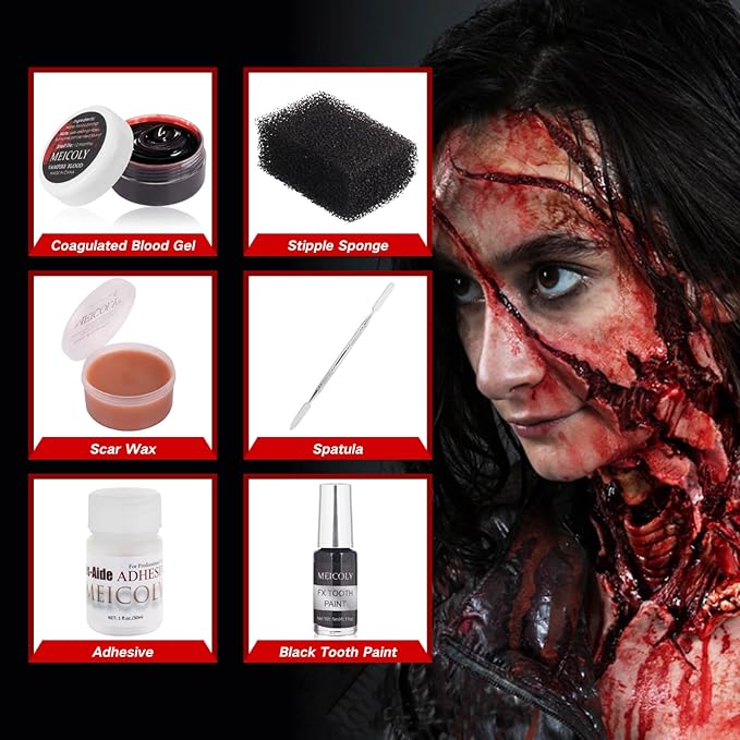 MEICOLY 7PCS Halloween Special Effects SFX Makeup Kit for Theatre Stage Performance,Scar Wax+Spatula Tool+Coagulated Blood+Black Stipple Sponges+White Sponges+Black Tooth Paint+Scar Wax Adhesive