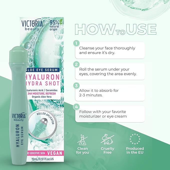 Victoria Beauty Hyaluronic Eye Roll-On Cooling, Eye Serum Against Wrinkles and Dark Circles