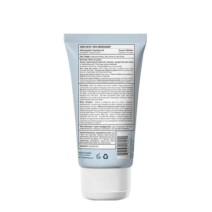 ATTITUDE Mineral Sunscreen for Sensitive Skin, EWG Verified, Broad Spectrum UVA/UVB, Dermatologically Tested, Plant and Mineral-Based Formula, Vegan, SPF 30, Unscented, 5.2 Oz