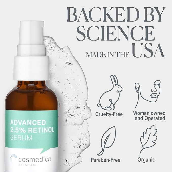 Cosmedica Skincare's Advanced 2.5% Retinol Serum w/Green Tea, Hyaluronic Acid & Vit E - Anti-Aging, Skin Revitalizing, Hydrating Serum for Fine Lines, Wrinkles, Discoloration, and Acne Scars, 1oz