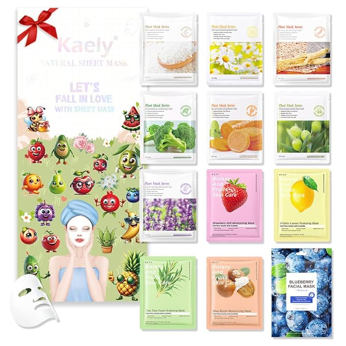 Kaely 12 Pack Variety Face Masks for Kids, Kids Face Mask Spa Day Kit Supplies, Spa Party Favors for Teens Girls Women, Sheet Facial Mask Skincare Gifts Set, Hydrating Nourish for All Skin Types, 03