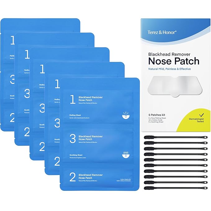 TEREZ & HONOR Korean Melting Pore Strips Blackhead Remover 5 Kits - Sebum Softener, Pore Minimizer Strips - Hypoallergenic Tested, 3-Step Pore Refining Sets