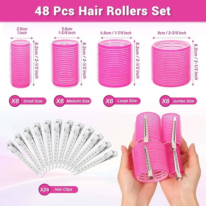 Rollers Hair Curlers 49 Pcs Set with 24Pcs Self Grip Hair Rollers 4 Sizes and 24 Pcs Hair Clips for Blowout Look Long Medium Short Thick Hair Volume