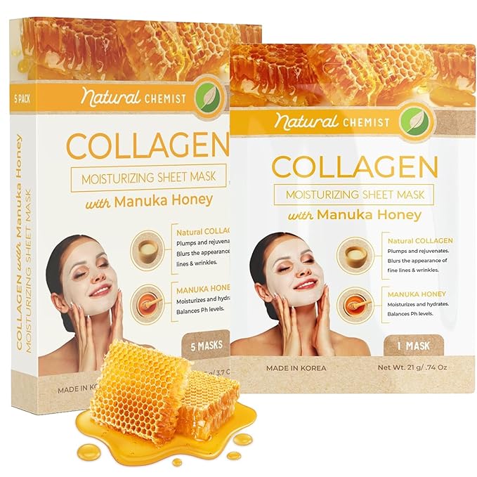 Collagen & Manuka Honey Sheet Face Mask - Anti-Aging, Hydrating, Skin Firming, Reduces Fine Lines, Dermatologist Tested, Cruelty Free Korean Skin Care For All Skin Types - 5 Masks