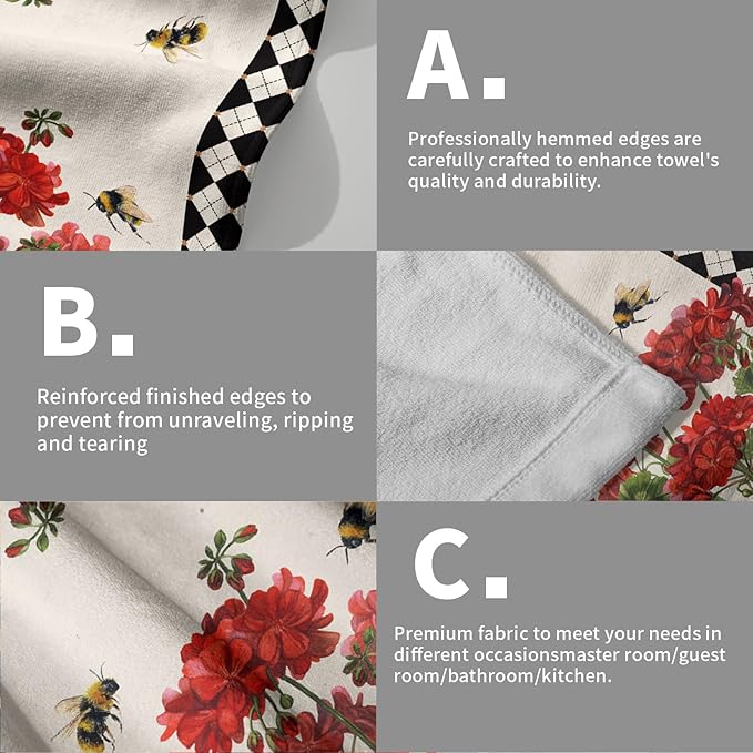 Giwawa Red Flower Hand Towels Set of 2 Buffalo Plaid Decorative Guest Bath Towel Soft Absorbent Kitchen Hotel Dish Towel Quick Drying Washcloths