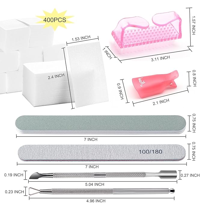 Gel Nail Polish Remover Tools Kit, with 10 Pcs Nail Clips, 400 Pcs Lint Free Nail Wipes, Nail Files 100/180, Buffer Block 400/4000, Nail Brush, Cuticle Pusher, Cuticle Peeler (Pink)