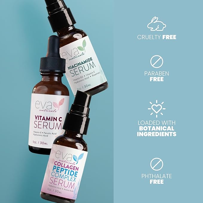 Eva Naturals Firm & Glow Serum Bundle – Vitamin C, Peptide & Niacinamide Serums – Anti-Aging Face Serum Set for Wrinkles, Glow, Pores, Hydration – Collagen Boosting Skin Care Routine
