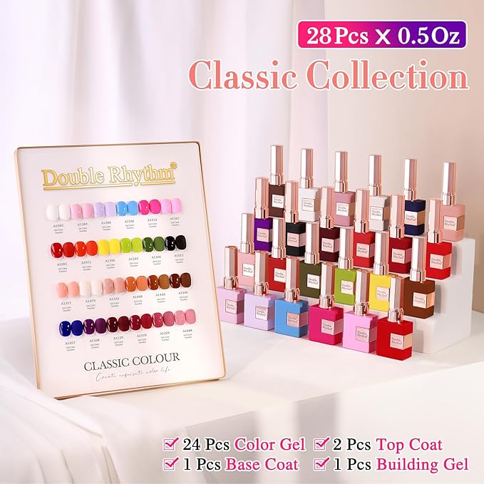 Double Rhythm 28Pcs 0.5Oz Gel Nail Polish Set Same Color Same Bottle Soak Off Gel Polish Kit Nail Art Manicure Salon DIY at Home for Women (Red Pink Collection-T24-4)