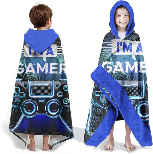 Gaming Beach Towels for Boys Hooded Bath Towels for Kids Ages 4-8,Gamer Kids Hooded Bath Towels Wrap for Toddler 30x50 inch Black Blue Video Games for Kids Towels for Beach Pool Swim