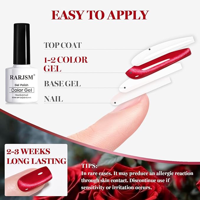 RARJSM Red Cat Eye Gel Nail Polish Set 6 Pcs Smoothie Ceramic Silver White Glitter Shimmer Burgundy Cherry Dark Wine Red Velvet Diamond Cateye Gel Polish with Magnetic Stick Soak off Curing Require