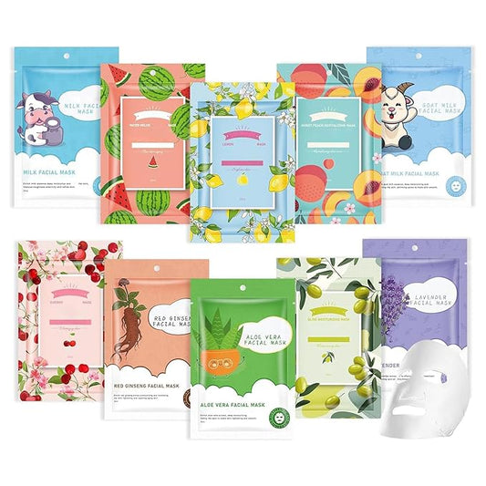 10 Sheets Face Masks Skincare for All Skin Types, Hydrating Face Masks Suitable for Sensitive Skin,Watermelon, Aloe Vera, milk, Goat, Peach, Bulk Facial Masks for Women