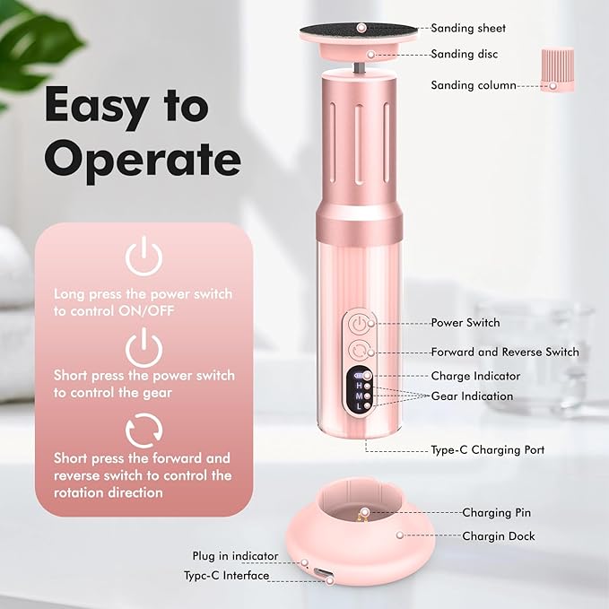 Electric Foot Callus Remover Cordless Electric Foot Filer Kit with 6Speeds Chagring Dock Callus Remover for Women Feet and Nail (Pink)