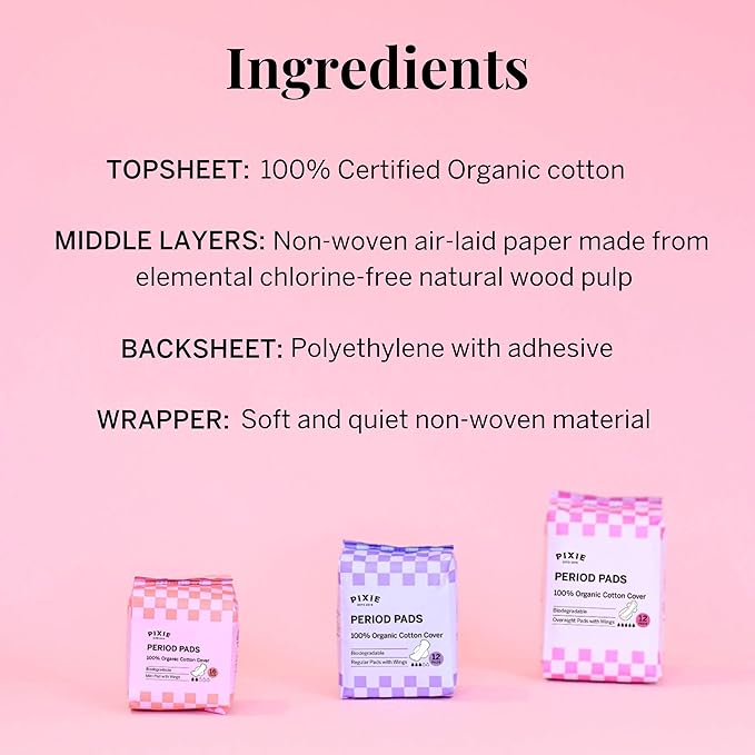 Pixie Organic Cotton Mini Pads with Wings for Women & Teens - Ultra Thin, Light Absorbency Menstrual Pads - Hypoallergenic, Unscented & Biodegradable for Feminine Care - FSA Eligible - 64 Count