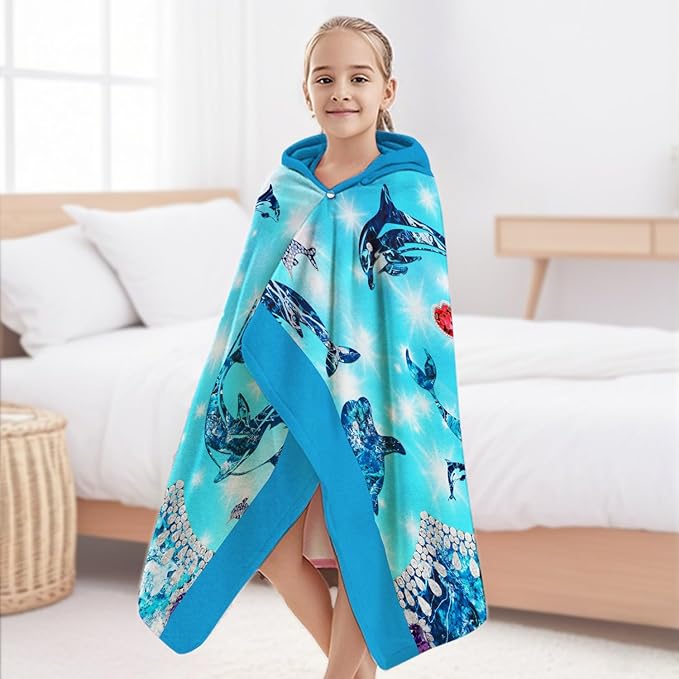 Dolphin Hooded Beach Towel for Girls, 35" x 60" Glittering Ocean Design Kids Poncho Bath Towel for Toddler, Light Blue Soft Absorbent with Hood for 3-10 Years Bathrobe for Swimming Pool Bath