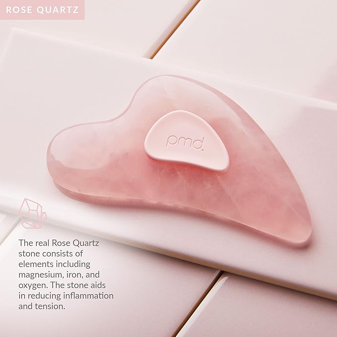 PMD Beauty Gua Sha Facial Tools - Massaging, Sculpting and Depuffing Guasha Tool for Face with Rose Quartz and Silicone Grip - Reduce Tension & Inflammation