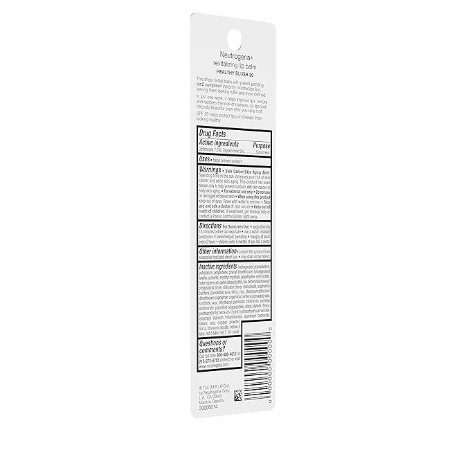 Neutrogena Revitalizing and Moisturizing Tinted Lip Balm with Sun Protective Broad Spectrum SPF 20 Sunscreen, Lip Soothing Balm with a Sheer Tint in Color Healthy Blush 20, 15 oz (Pack of 2)