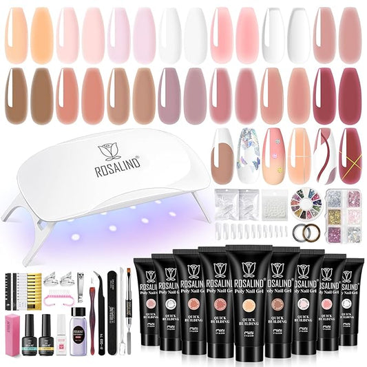 ROSALIND Poly Nail Gel Kit -14 Colors Nail Art Accessories kit Clear Nude Nail Extension Gel Starter with Slip Solution White Nude Pink Nail Extensions Gels Set with Mini UV Lamp