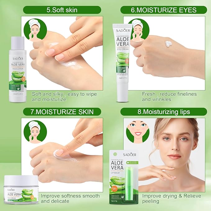 10 Pcs Skin Care Sets Face Care Set for Women Includes 1 Pcs Cleanser, Toner, Lotion, Eye Cream, Serum, Face Cream, Lip Balm and 3 Facial Masks Skincare Gift for Girls (Aloe Vera)