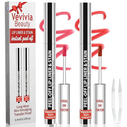 2pcs Lip Stain Peel Off - Lip Liner Stain Long Lasting Waterproof,2-in-1 Lip Liner with Tweezer Nude Matte,Non-Stick Cup,Highly Pigmented，Natural Finish,Stay On All Day,Perfect for Gift (Nude+Cocoa)