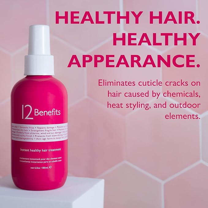 12 Benefits Leave-In Conditioner Spray – Instant Healthy Hair Treatment, Anti-Frizz, Detangles, Strengthens & Repairs, Heat Protection with Quaternium 39 & Silk Fibre Protein, 6 Fl Oz