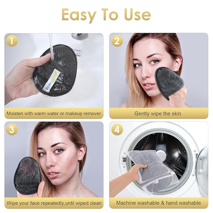 SINLAND Reusable Makeup Remover Pads For Face,Eye,Lips Microfiber Gentle Facial Cleansing Cloths for All Skin Types Friendly for Makeup Remover With Laundry Bag 5.1inchx3.93inch Grey Pack of 6
