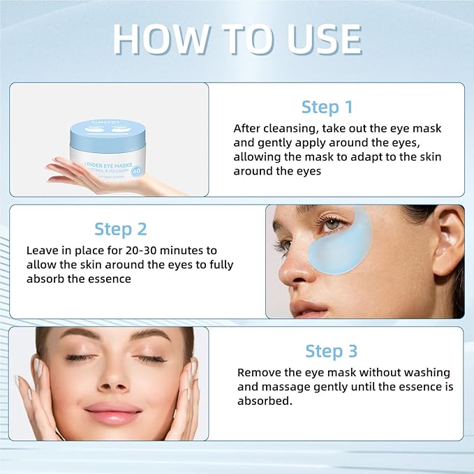 Under Eye Patches Masks for Eye Bags, Puffy Eyes, Fine Lines, Wrinkles, Dark Circles Treatment with Collagen and Retinol, Collagen Reduce Wrinkles Eye Masks, Lift, Firm Eyes Skin, 60 Pcs