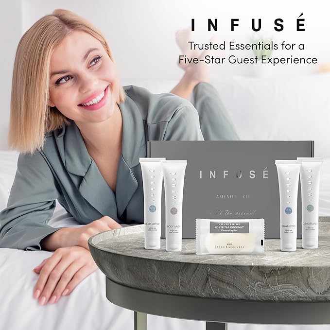 Infuse Amenity Kit | Hotel Bulk Toiletries | 1 oz Shampoo, Conditioner, Lotion, Body Wash, Cleansing Bar Soap for Guest Hospitality Vacation Rentals | 1 Set/Case