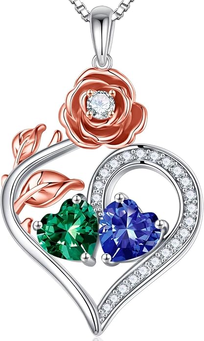 Iefil Rose Heart Birthstone Necklaces for Women - 925 Sterling Silver Double Birthstone Necklace, Anniversary Birthday Gifts for Women, Jewelry Gifts for Wife Her