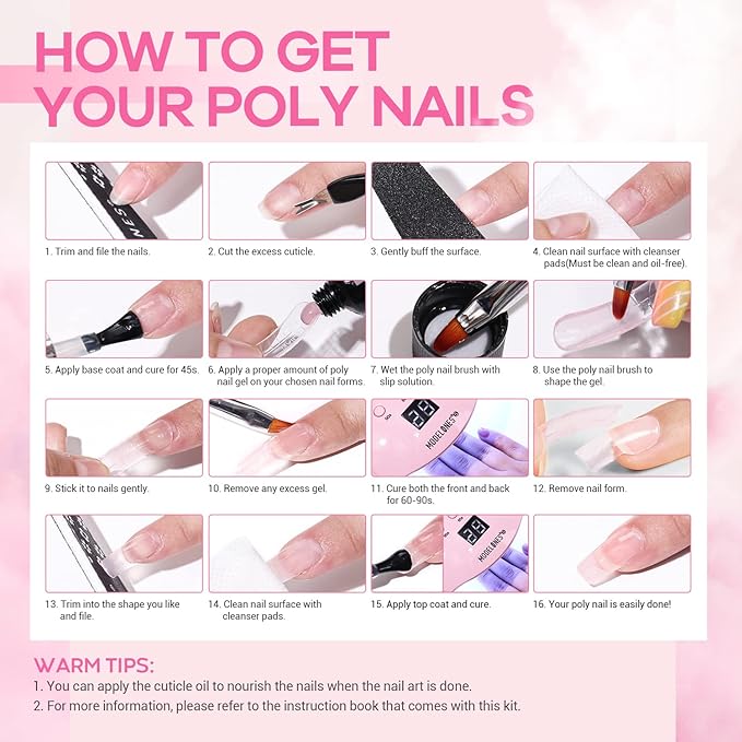 Modelones Poly Nail Gel Kit, 6 Colors Poly Extension Gel Clear Pink White with 48W U V/LED Lamp 3D Nail Charms Builder Slip Solution Complete Toe Manicure Supplies Tools for Starter