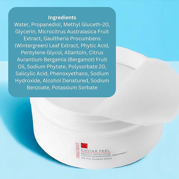 Consult Beaute CAVIAR PEEL Micro-Dose Exfoliating Detox Pads, Skin Resurfacing Treatment with Phytic Acid, Salicylic Acid for Radiance, Facial Polishes for Pores, Blemishes, Fine Lines - 30 Count