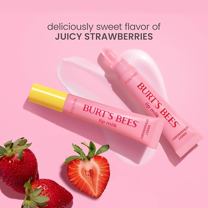 Burt’s Bees Lip Milk, Daily Lip Moisturizer, Sweet Strawberry, Vitamin Enriched Moisturizing Lip Balm with Almond Milk and Jojoba Oil, Hydrating for Softer Lips, 1 Tube, 0.34 Fl Oz