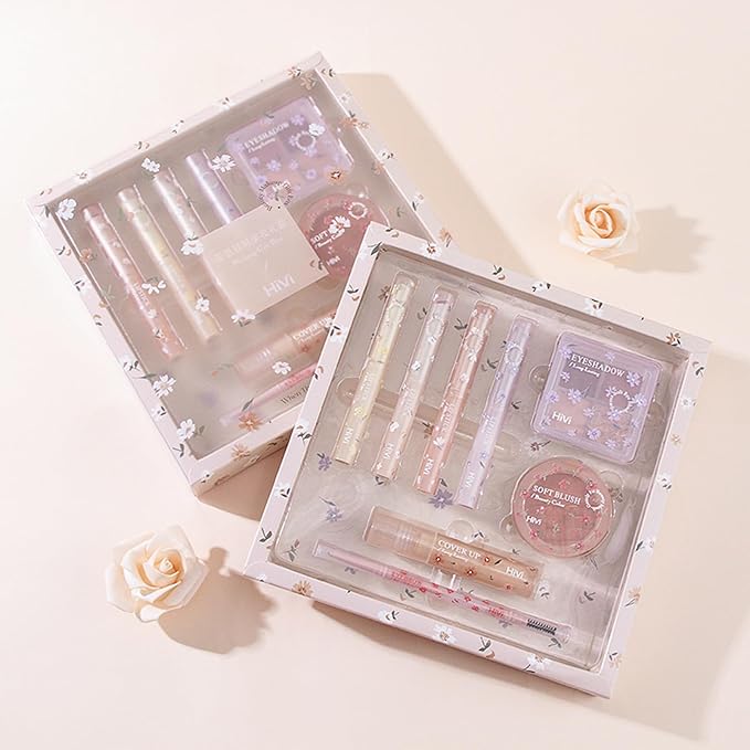 Makeup Kit for Girls, 8 Pieces Makeup Set, Include 4 Color Lipsticks and Eyeshadow, Eyebrow Pencil, Concealer, Blush Palette, Ideal Gift for Girls