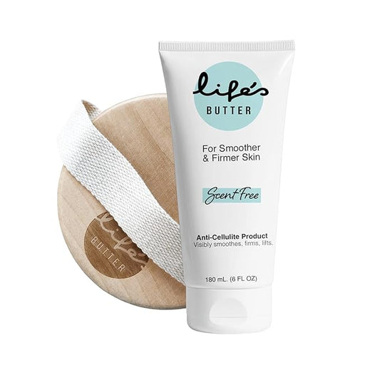 Life's Butter Anti-Cellulite Cream with L-Carnitine, Coenzyme Q10 | Skin Smoothening Natural Product | Fights Cellulite and Stretch Marks | 6 fl oz (Scent-Free) + Dry Brush