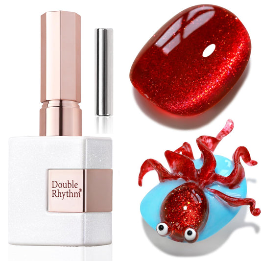 Double Rhythm 15ML Ice Glass Cat Eye Gel Polish with Magnet Holographic Glitter Shimmer Translucent Sheer Color Salon Soak Off Magnetic Nail at Home (Red Glitter-MC1108)
