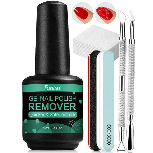 Gel Nail Polish Remover Kit with Tools, 15ml No Soak or Foil Needed, Fast Removal in 2-5 Minutes, Includes Cuticle Pusher & Nail File, Safe for Home DIY