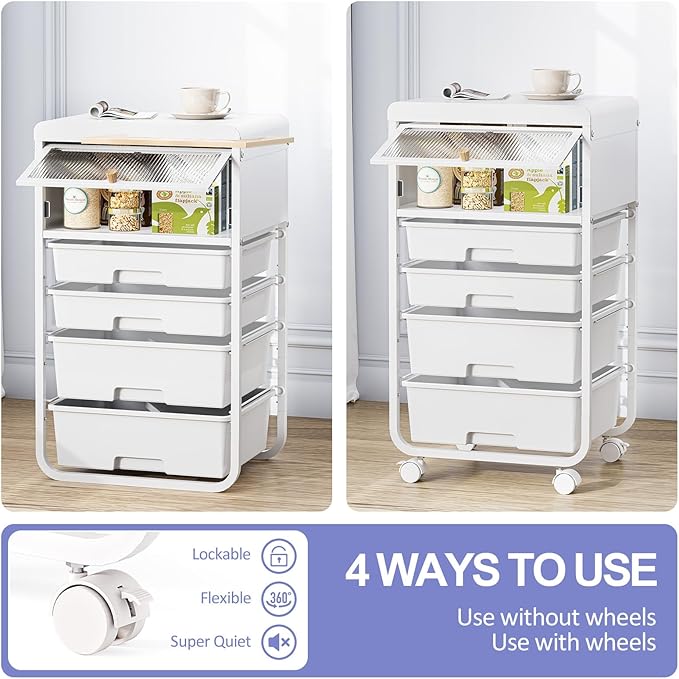 Utility-Rolling-Storage-Drawer-Craft-Cart-Organizers with 4 Drawers & Dust-proof Door for Kid Craft Art Room,Bedroom,Home Office, Craft Drawer cart, Classic White