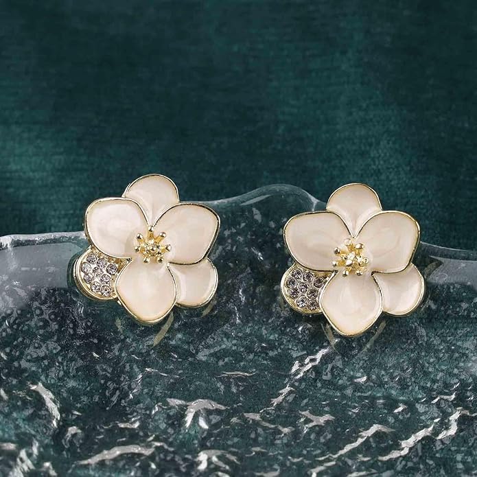 Vintage Enamel Flower Stud Earrings Camellia Flower Earrings Gold Crystal Flower Petal Earrings White Petal Stud Earrings Jewelry for Women