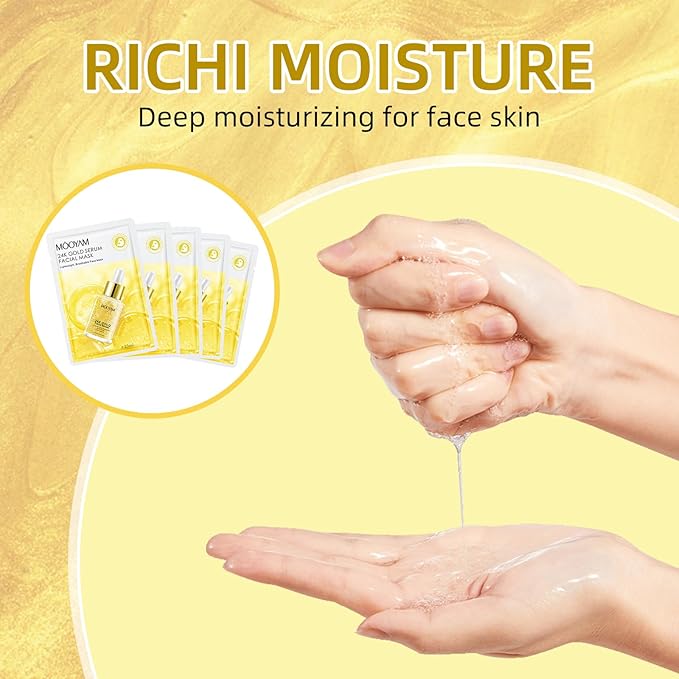 Facial Masks Skincare for Women,24K Gold Serum Moisturize Face Mask Sheet for Girl,Hydrating Face Mask for All Skin Types,Dry Skin & Sensitive Skin (10-Packs)