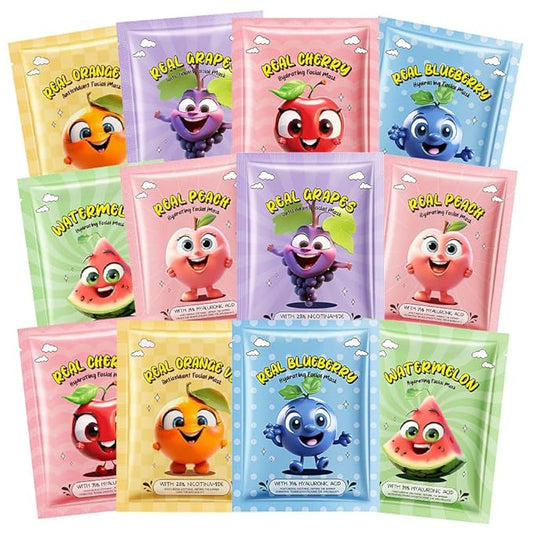 Kaely 12 Pack Fruit Face Masks for Kids, Kids Face Mask Spa Day Kit Supplies, Spa Party Favors for Teens Girls Women, Sheet Facial Mask Skincare Gifts Set, Moisturize Soothe for All Skin Types, 04
