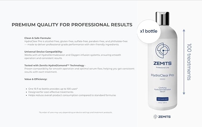 Zemits HydroClear Pro – Professional Hydrodermabrasion Solution for Spa Facial Machines – Gentle Purifying Formula for Smooth, Refreshed-Looking Skin | 16 fl oz