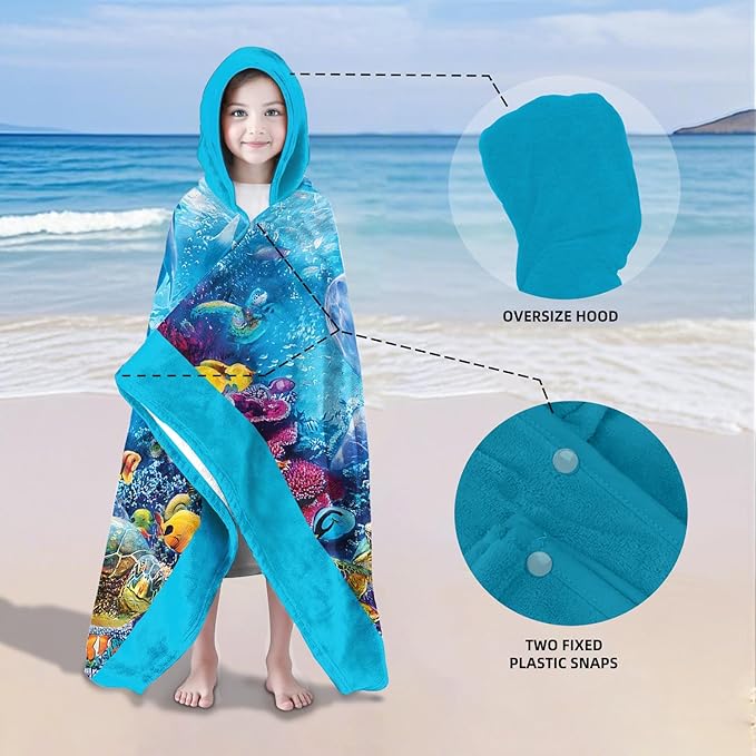 Dolphin Hooded Beach Towel for Boy, 35" x 60" Turtles & Coral Kids Poncho Bath Towel for Toddler, Bright Blue Soft Absorbent with Hood for 3-10 Years Bathrobe for Swimming Pool Bath
