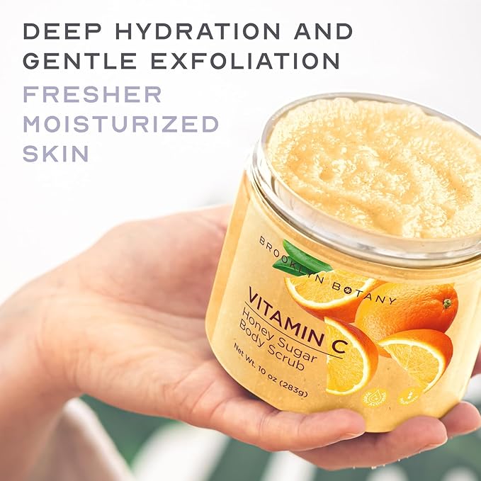 Brooklyn Botany Vitamin C Honey Sugar Scrub for Body 10 oz – Deeply Hydrating and Gently Exfoliating Body Scrub for Women and Men – Moisturizing and Nourishing the Skin