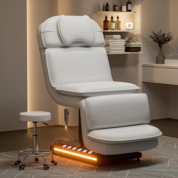 VARONXE Fully Electric Massage Table w/3 Motors, Professional Angle and Height Adjustable Spa Bed Facial Chair, Motorized Esthetician Bed Treatment Table for Beauty Salon, Stool Included, White