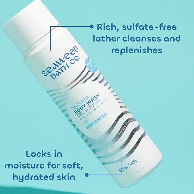 Seaweed Bath Co. Hydrate Body Wash - Unscented | Foaming Shower Gel Cleanser with Natural Ingredients | Fragrance Free and Gentle | Good For Sensitive Skin | 12 oz (Pack of 2)