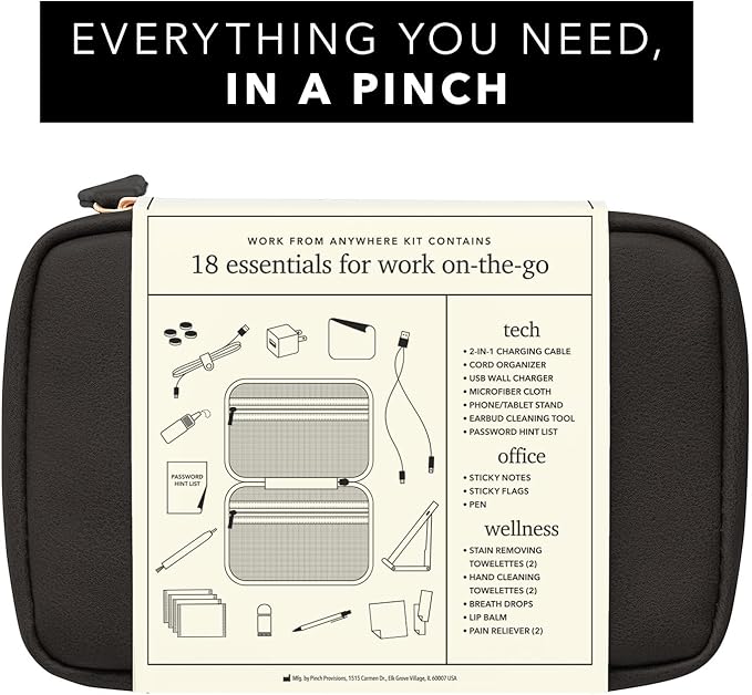 Pinch Provisions Work from Anywhere Kit, Includes 18 Essentials to Help You Stay on Task, Must-Have Essentials, Compact Multi-Functional Vegan Leather Pouch, Black