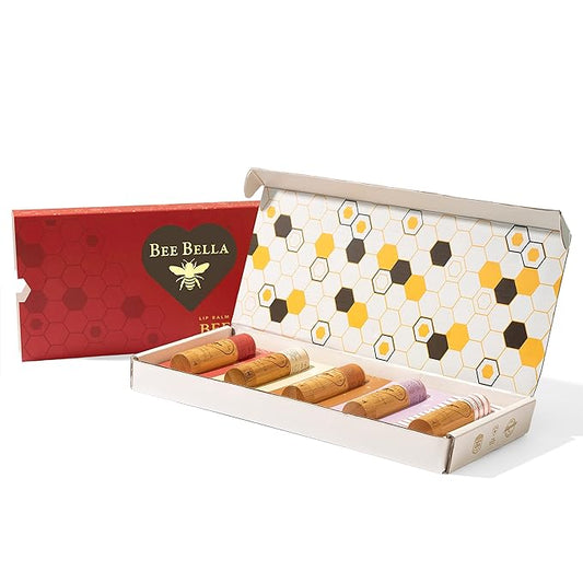 Bee Bella Lip Balm Holiday Gift Box, Cherry, Lavender Vanilla, Vanilla Bean, Pumpkin Spice, Candy Cane, 5 Pack - Hydrating, Moisturizing, Natural, Organic Beeswax with Vitamin E, Handmade in USA