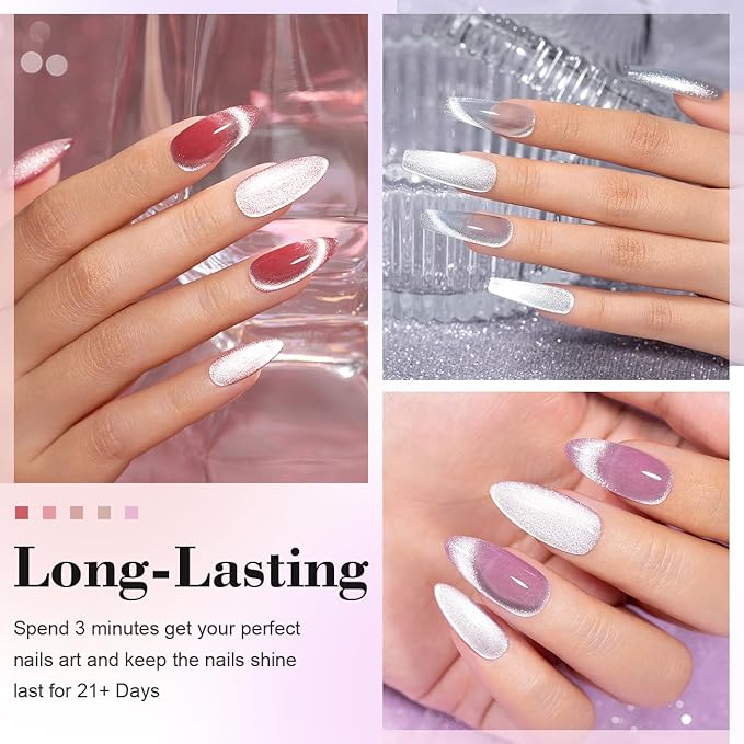 RARJSM Cat Eye Gel Nail Polish Set 6 Pcs Magnetic Sparkle Diamond Glitter Nude Pink Light Purple Red Silver Sheer Pink Velvet Ice Jelly Gel Polish with Magnet Stick UV LED Curing Requires Soak Off