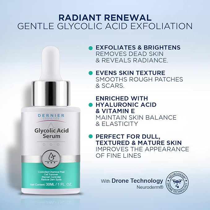 Dernier Glycolic Acid Serum 5% with Hyaluronic Acid 1% - Face Dark Spot Treatment Hyperpigmentation Exfoliant Resurfacing Brightening Glow Moisturizer Redness Hydrating Facial Peeling Women (1 fl oz)