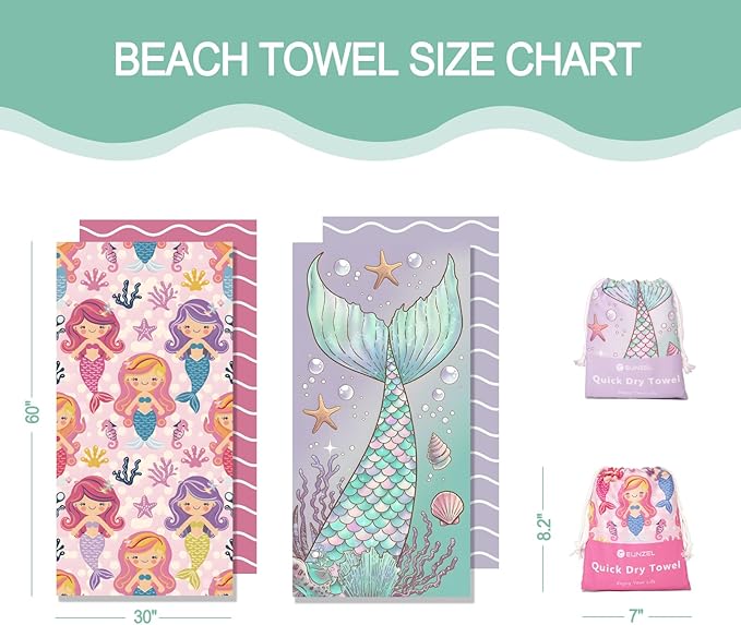 Eunzel 2 Pack Microfiber Kids Beach Towel, Quick Dry Towels for Girls & Boys Sand Free Travel Towel for Beach, Camping, Swim Pool 60"x30"，Mermaid Tail& Mermaid