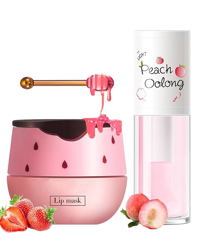 2PCS Strawberry Lip Balm Honey Pot Lip Mask & Hydrating Lip Glowy Oil Lip Care Set, Lip Moisturizing Treatment Nourishing Lip Gloss, Reduce Lip Line & Plump Dry Cracked Lip Scrub Exfoliator -Set B